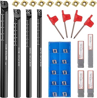 Honoson 14 Pieces Lathe Boring Bar Set 4 Pieces 95 Degree S07K/ S08K/ S10K/ S12M-SCLCR06 Lathe Boring Internal Turning Bar Holder with 10 Pieces CCMT0602 Carbide Inserts and 4 Pieces Wrench