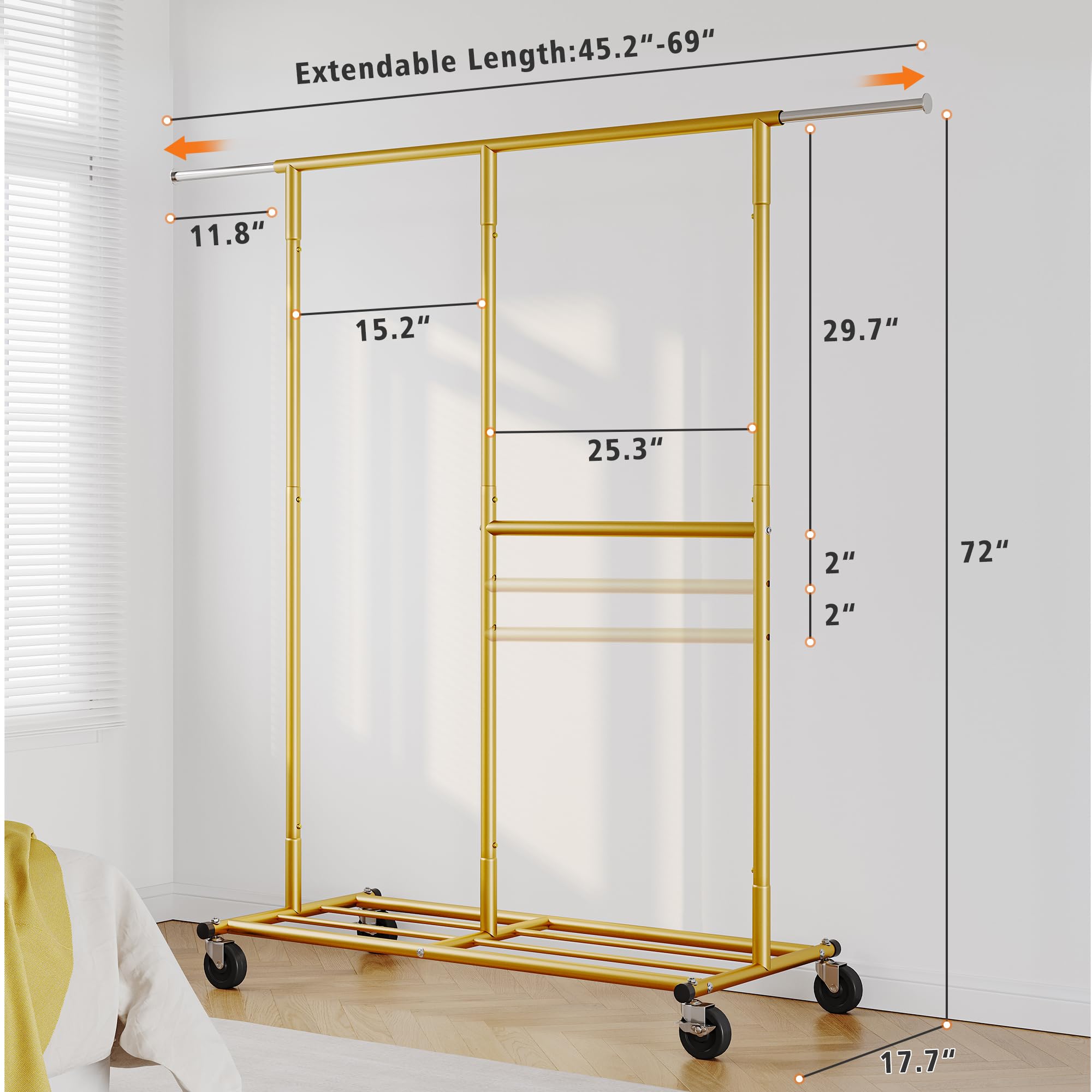 Raybee Clothes Rack, Clothing Rack Loads 410 LBS Heavy Duty Clothes Rack Rolling Clothes Rack with Wheels Gold Clothing Racks for Hanging Clothes Portable & Commercial Garment Rack, Gold