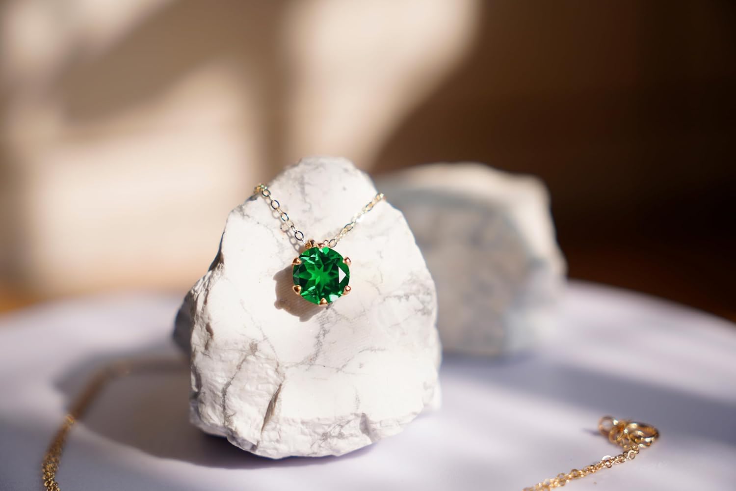 14k Gold 1CT Round Green Emerald Gemstone Necklace for Women 1 Carat 6.5MM Brilliant-Cut Created Birthstone Anniversary Birthday Mother's Day Necklaces for Mom Her-May