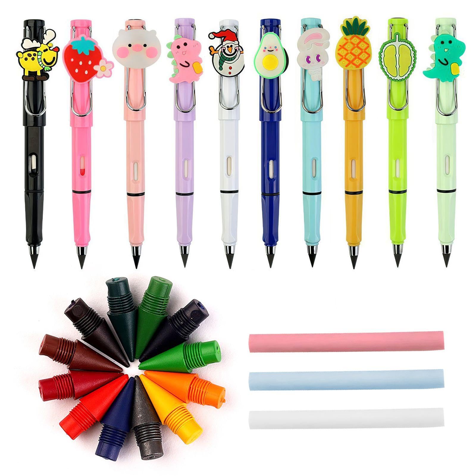 Rnskfg Multicolor 10 Cartoon Pencils, 12 Pieces Replacement Pen Tips, 3 Pieces Eraser, Metal Eternal Pencils, Creative Writing Tools, Student Stationery.