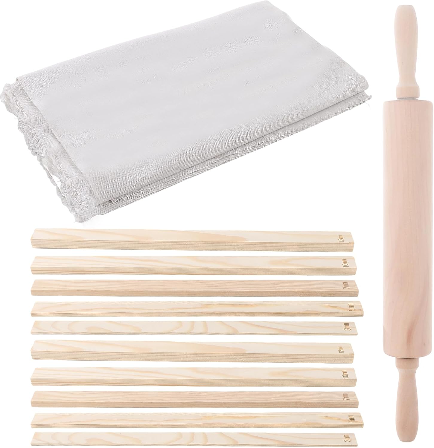 ZUQIAN Clay Roller Set, 12 PCS 5 Sizes Rolling Pin Guides with 1 PCS Clay Rolling Pin & Linen Tablecloth, Pottery Clay Set with Slab Roller for Clay Pottery for Pottery Making, Clay Sculpting