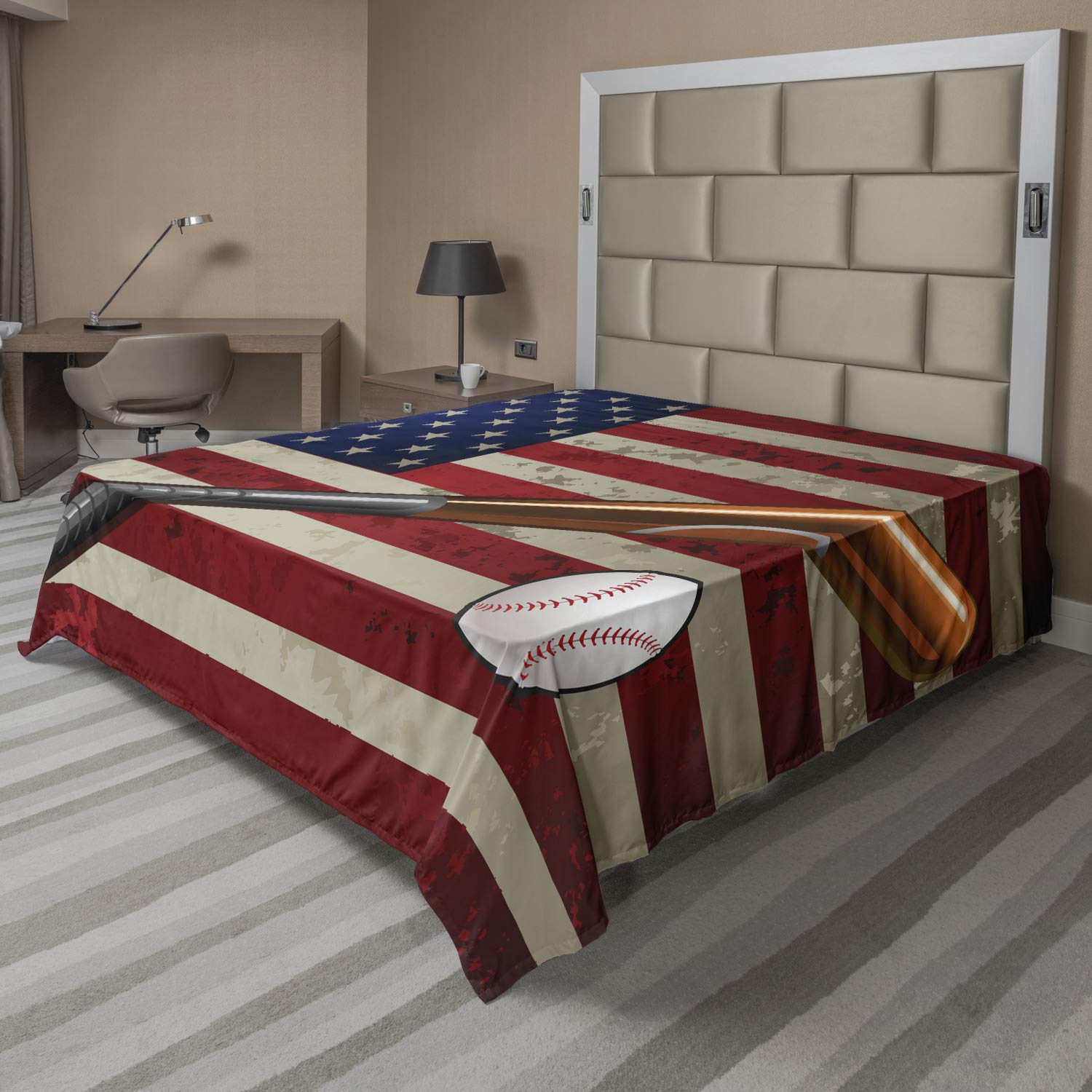Lunarable American Flag Flat Sheet, Baseball Bat and Ball on Foreground of Star-Spangled Banner National Sports, Soft and Comfortable Top Sheet Decorative Bedding 1 Piece, Full Size, Multicolor