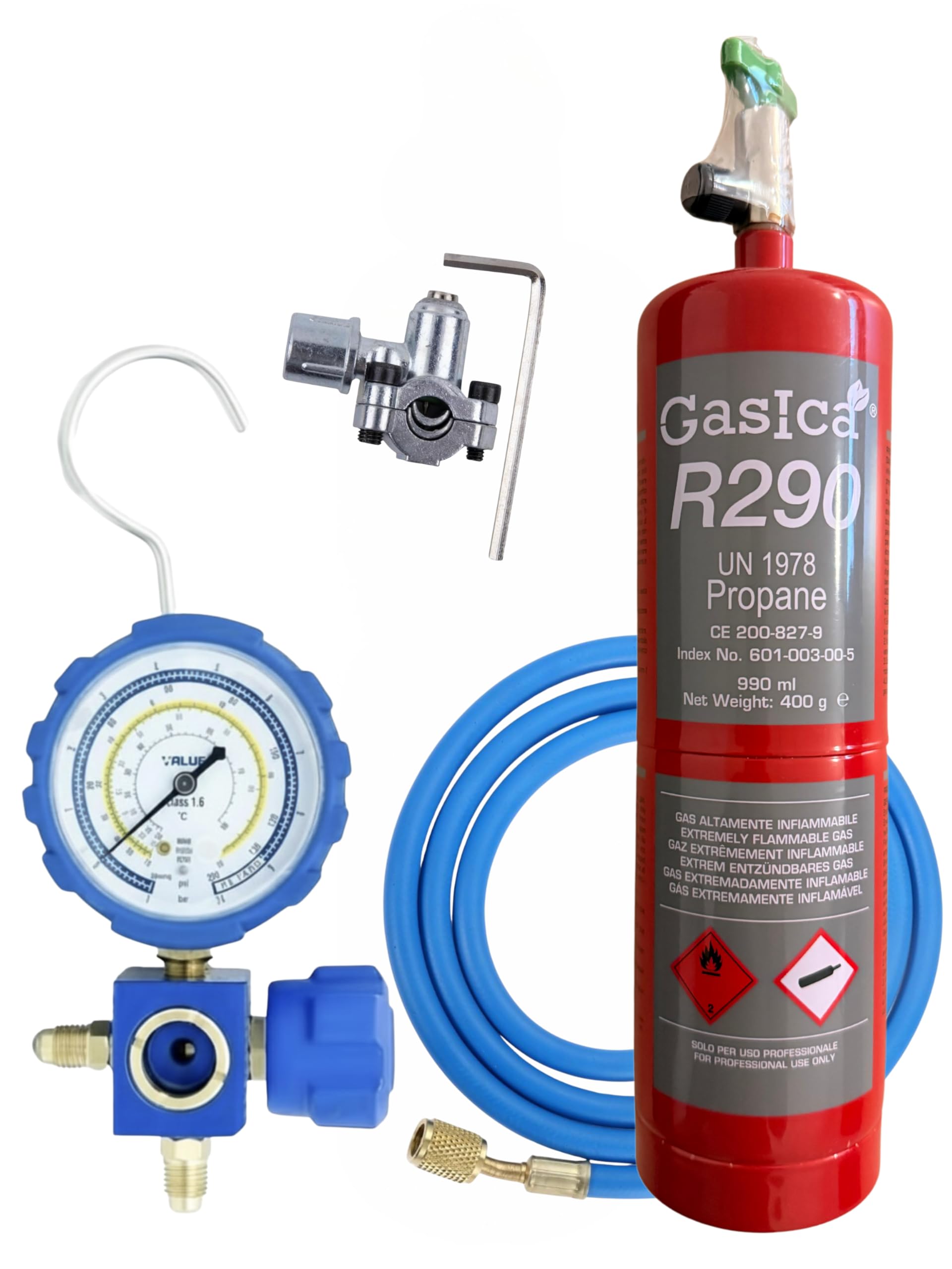 Kit Profesional de Recarga R290, Gas Refrigerante con Manómetro, Manguera de Carga y Válvula Pincho, 400g, para Frigoríficos y Climatización
