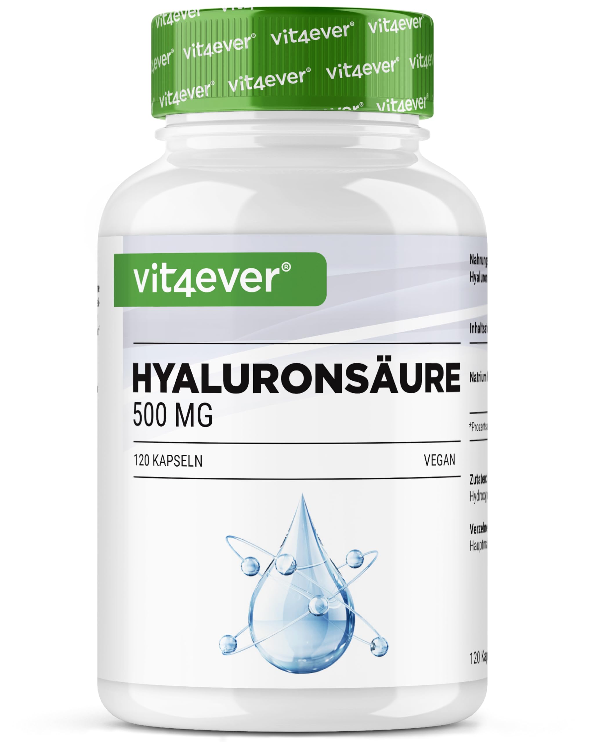 Acido ialuronico - 120 capsule con 500 mg di acido ialuronico per 4 mesi - 500-700 kDa - Da fermentazione vegetale - Senza additivi indesiderati, altamente dosato, vegano