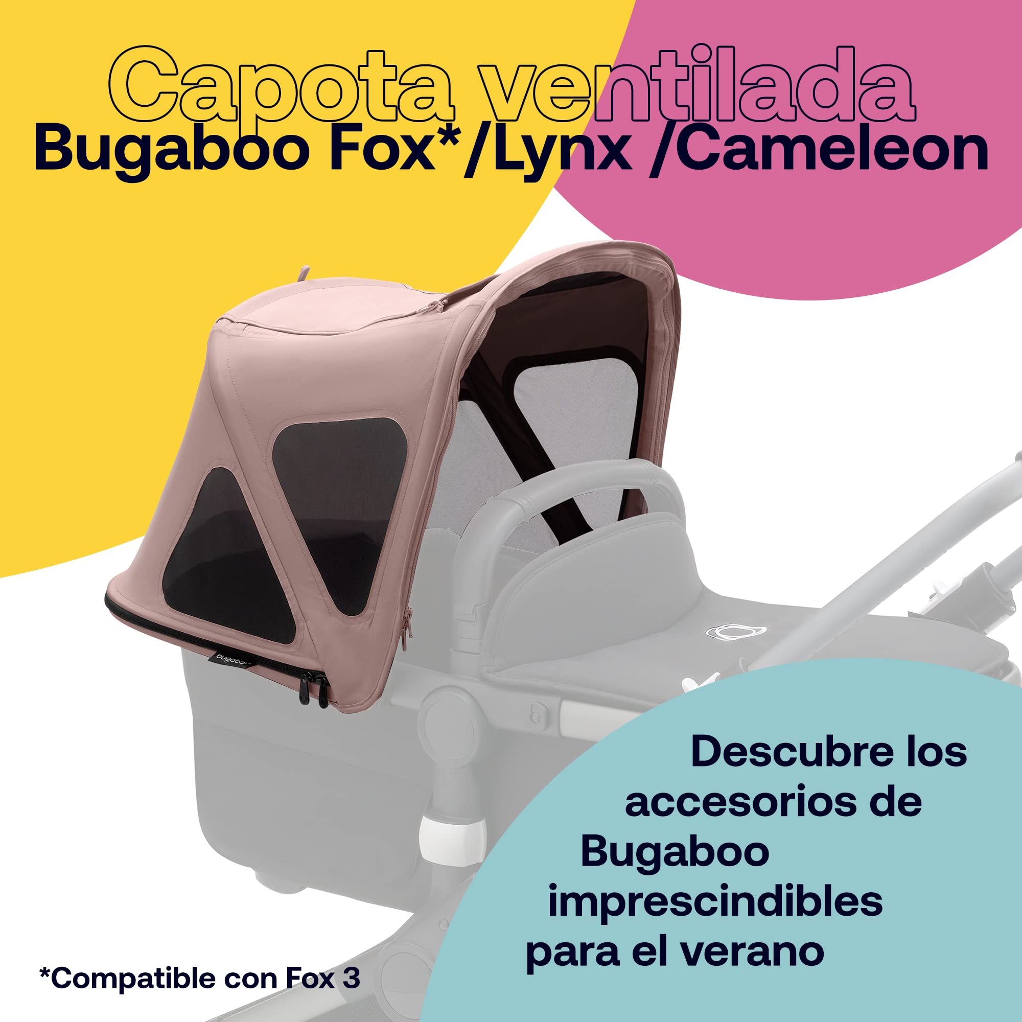 Bugaboo - Capota con ventana, extensible para una cobertura adicional y protección solar óptima, compatible con los cochecitos Fox 3 (no compatible con Fox 5)/Cameleon3, Sandy Pink