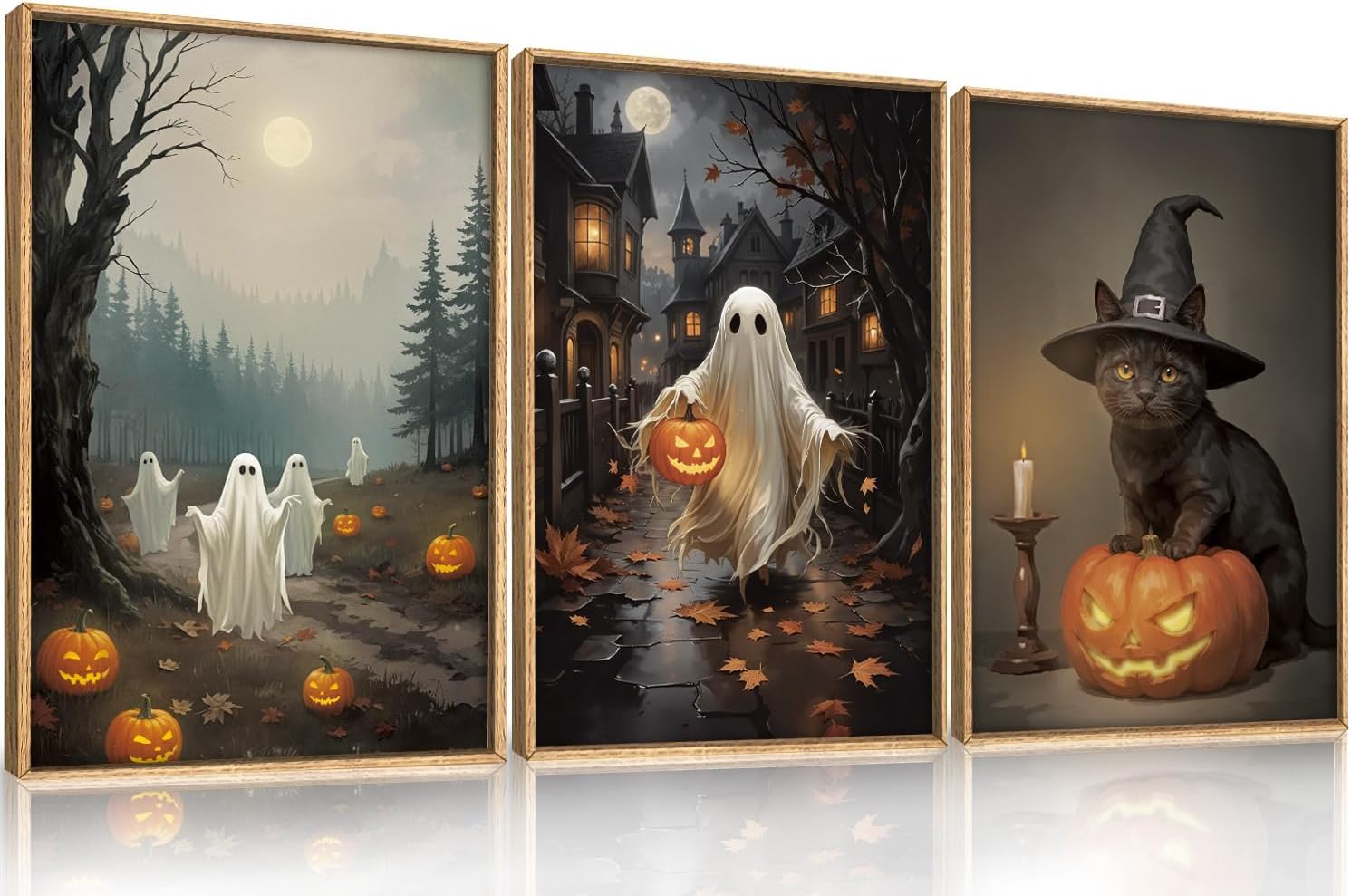 Spooky Halloween Ghost Lighted Pumpkin Framed Canvas Wall Art Set,Gothic Inspired Cute Black Cat Witch Hat Wall Decor,Vintage Foggy Forest Castle Artwork for Living Room, Bedroom-16 x24 x3 Spooky Halloween Ghost Lighted Pumpkin Wall Art 16"L x 24"W