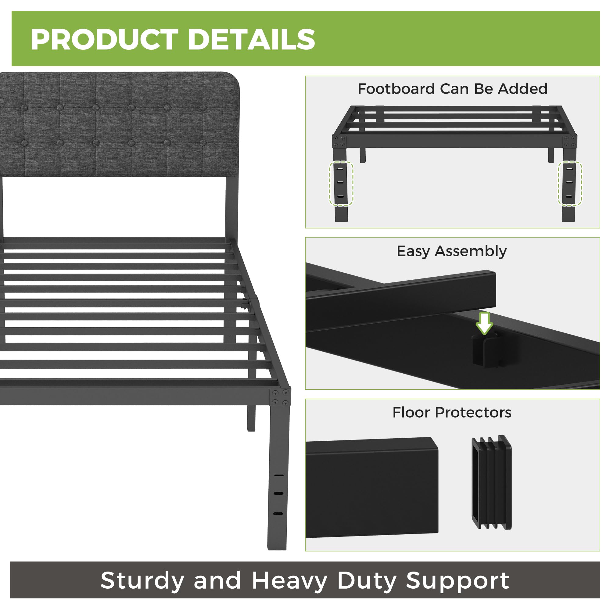 Cama 90x190 con Cabecero Tapizado Curvo, Somier de Metal con Lamas de Acero, Altura 46 cm, Almacenamiento, Negro