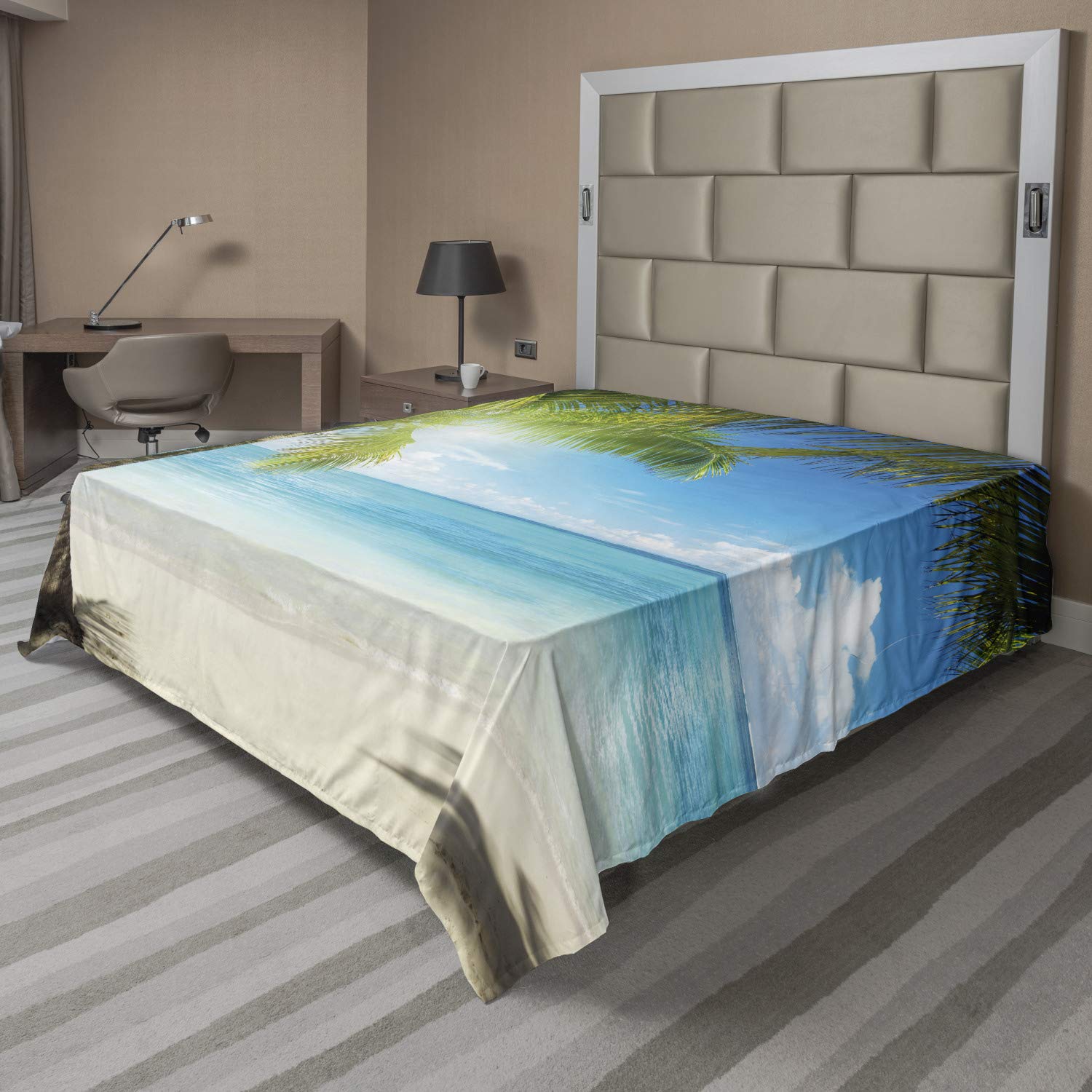 Lunarable Beach Flat Sheet, Caribbean Sea and Palm Trees Illustration Sunny Scene, Soft Comfortable Top Sheet Decorative Bedding 1 Piece, King Size, Aqua Multicolor