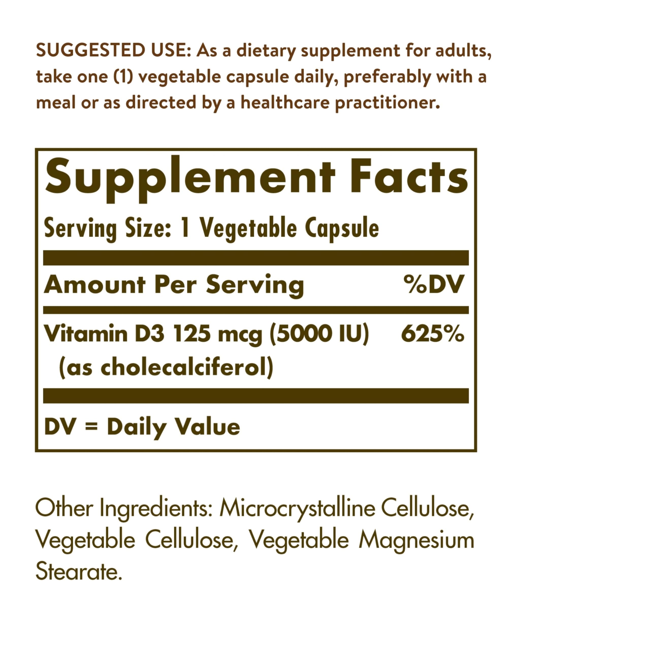 Solgar Vitamin D3 (Cholecalciferol) 125 Mcg (5000 IU), 120 Vegetable Capsules - Helps Maintain Healthy Bones & Teeth - Immune System Support - Non-GMO, Gluten Free, Dairy Free, Kosher - 120 Servings — Amazon image 5
