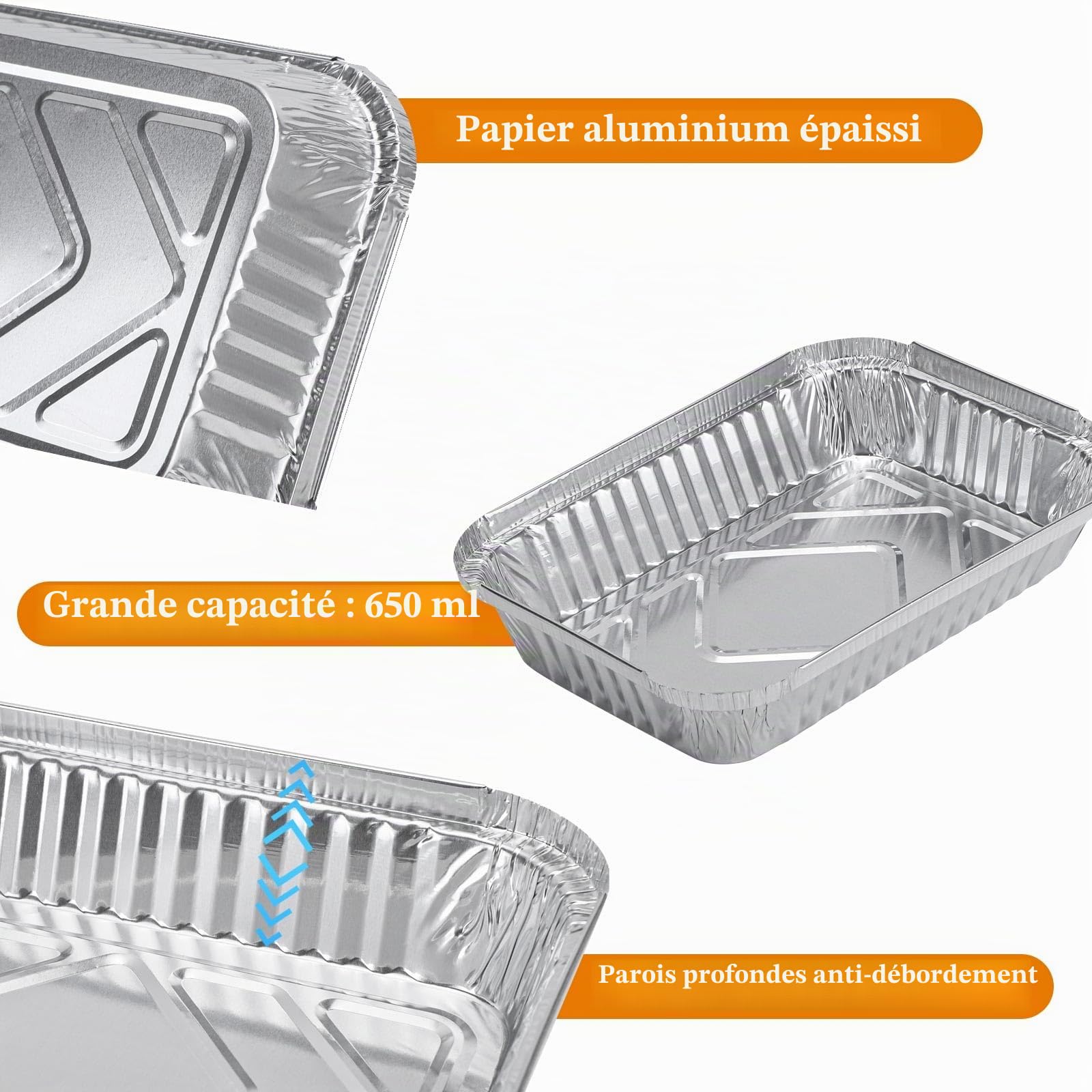 Lot de 30 plateaux jetables en aluminium cuisson avec couvercles, pour la cuisson/le rôti, le stockage des aliments et la congélation (L)