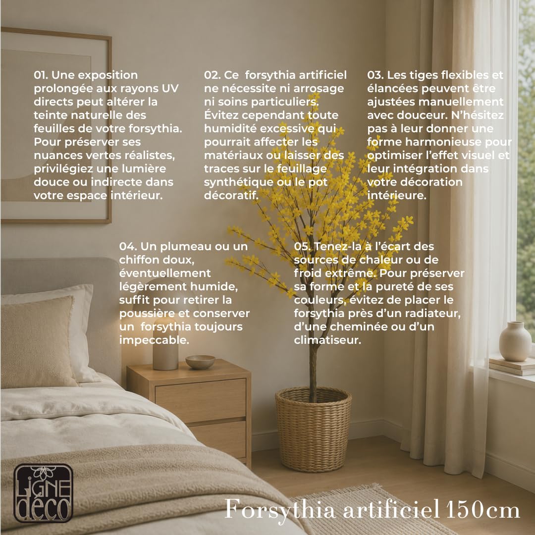 Ligne Déco – Forsythia Artificiel 150cm | Plante Artificielle Pot Plastique Noir Intérieur Imitation Terre