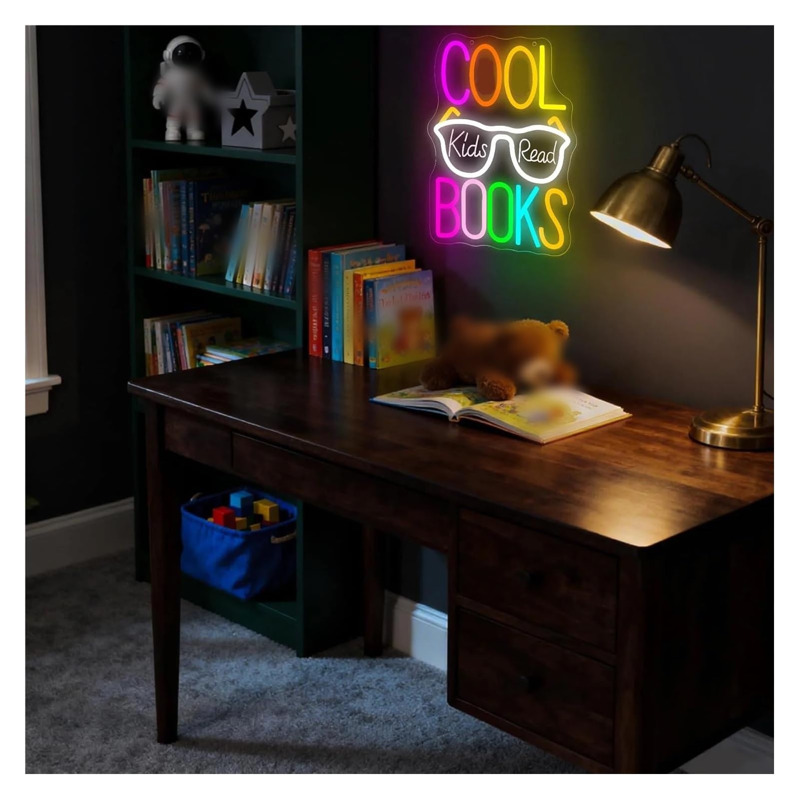 Wiszące neony artystyczne Neon "Fajne Dzieci Czytają Książki" Kolorowy Napis, Dekoracja Ścienna Do Czytania, Księgarnia, Biblioteka, Muzeum, 35 X 27,7 Cm