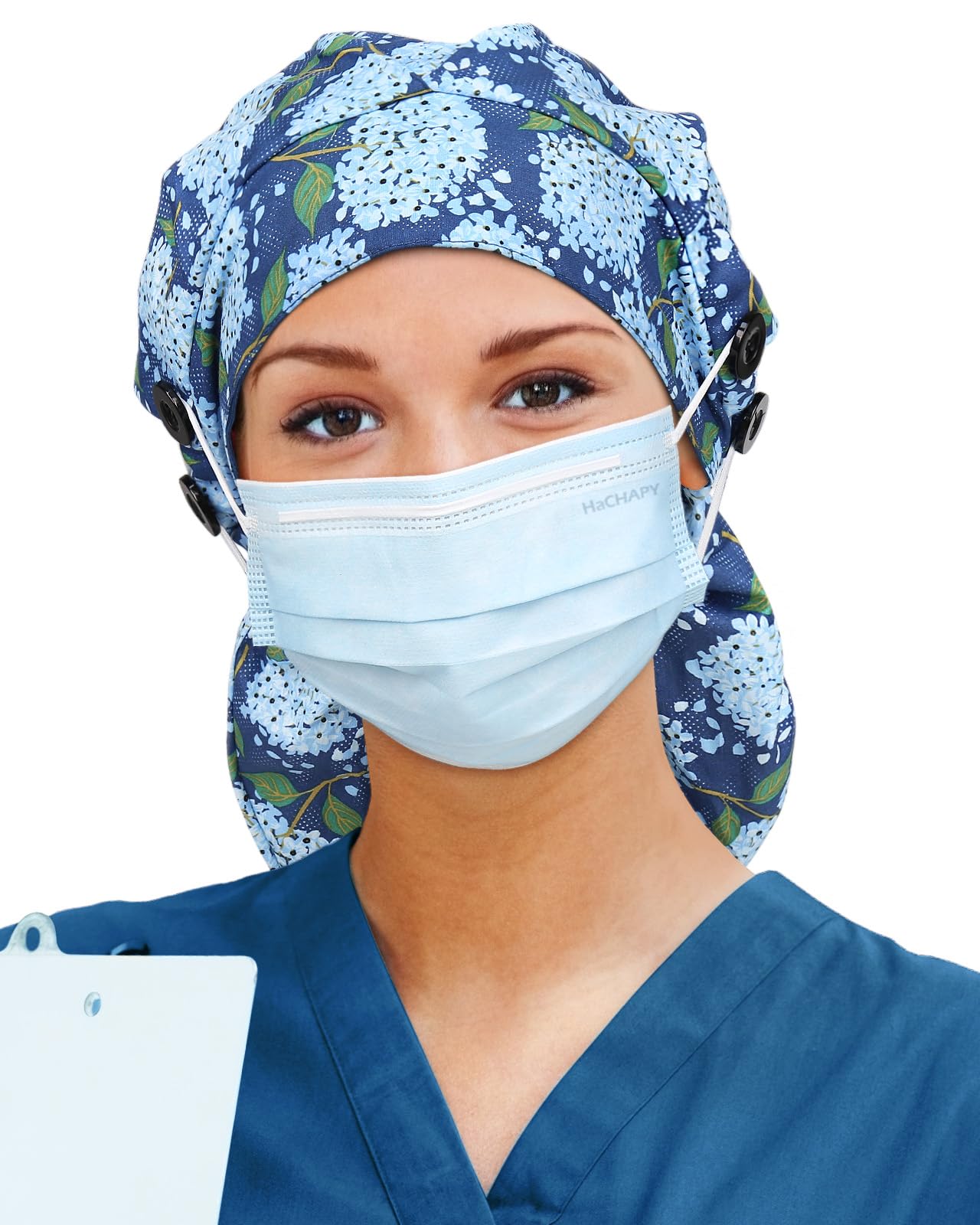 Satin Lined Scrub Cap for Women Extra Large Long Hair Surgical Nurse Cap 4 Buttons