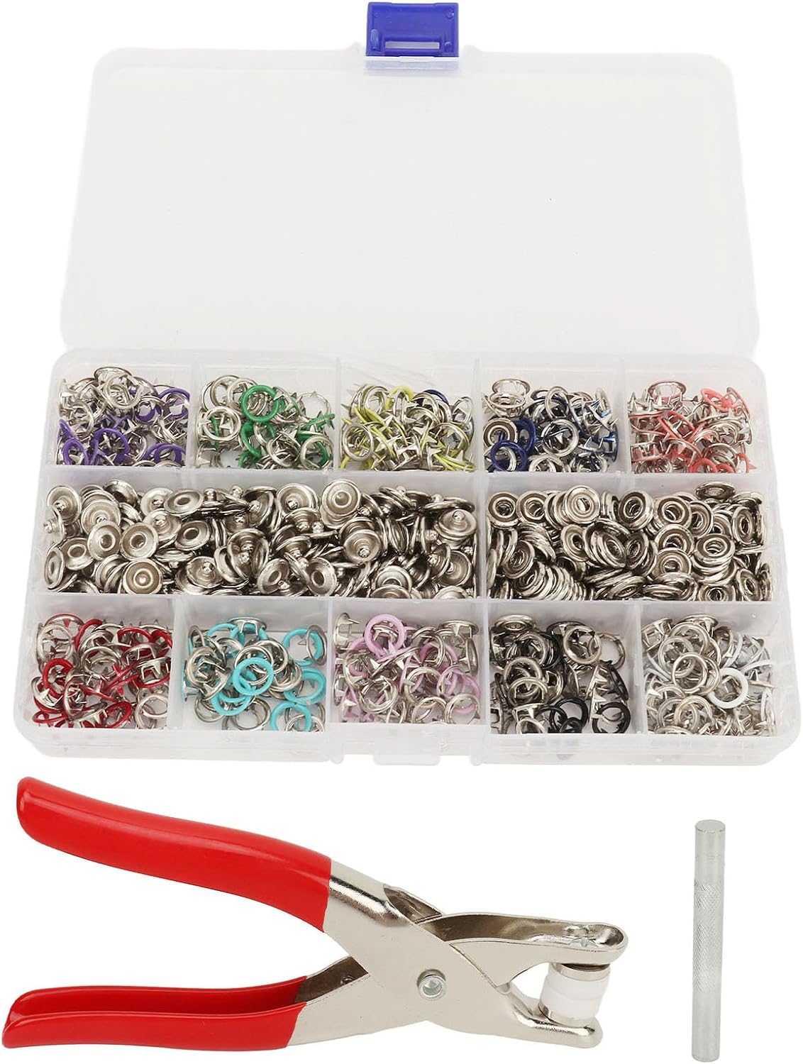 Snap Button Kit, 5 Piece Metal Buckle Tool Set, 200 Sets Snap Fasteners, Seamless Snap Fasteners, Snap Fasteners with Pliers, 9.5mm Metal Snap Fasteners for