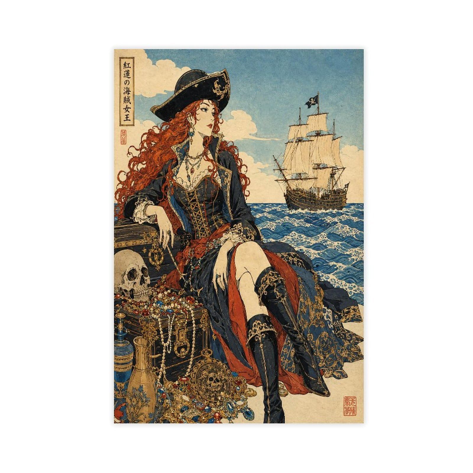 W7c8u2x3 Unframe-Style-9 Pirate Queen With Ship Canvas Wall Art, Japanese Woodblock Studio