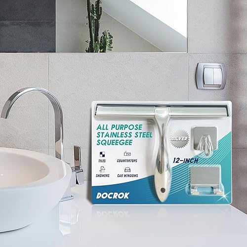 Miniatura 17 de Escobilla de ducha multiusos de acero inoxidable para puerta de vidrio de ducha con 2 ganchos adhesivos, herramienta de limpieza de baño, limpiador
