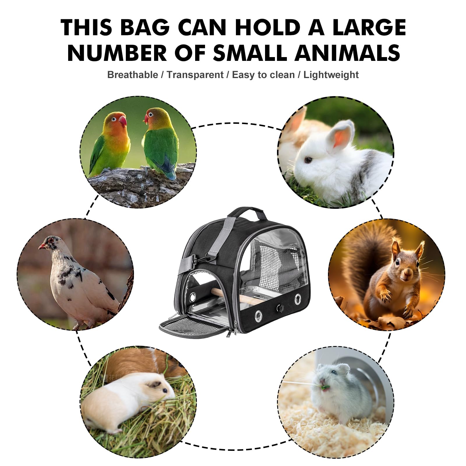 Transportbox Transportbehälter für Vögel: Rucksack für Vögel mit Sitzstange und Edelstahl Bank, leichte Atmungsaktiver Transportbox, Haustier Reisekäfig für Papageien Periquitos (Negro)