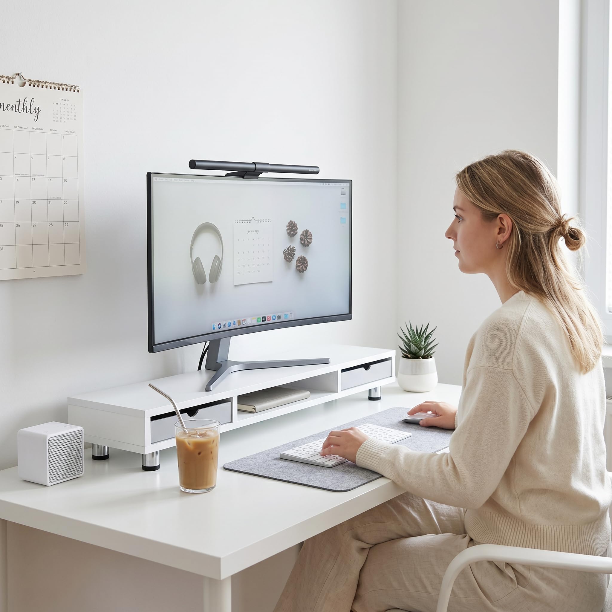 Fenge Podwójny podnośnik monitora 108cm, z 2 szufladami, biały