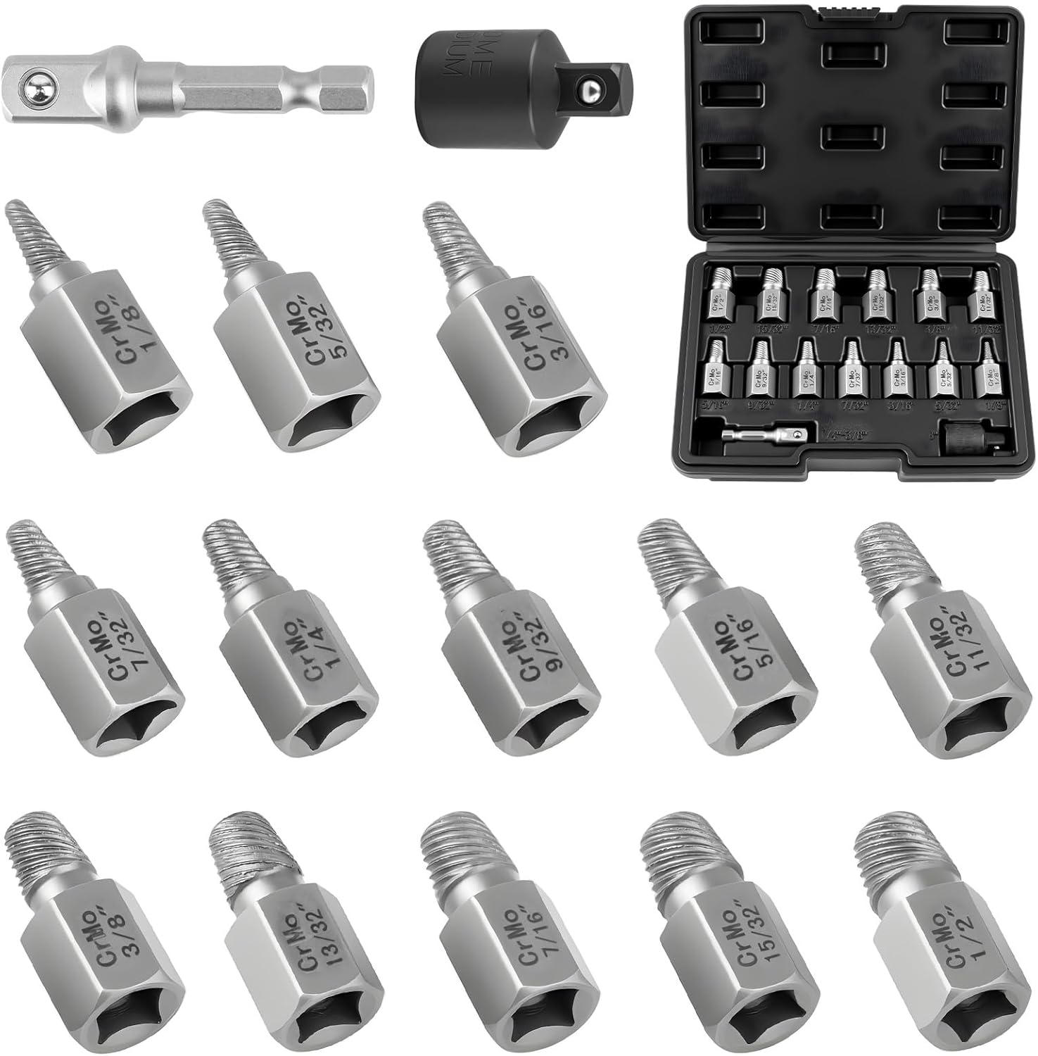 screw extractor set 15-piece, 3/8" hex drive easy out bolt extractor kit, multi-spline screw remover tool kit for stripped, rounded, broken, damaged screws, bolts and nuts