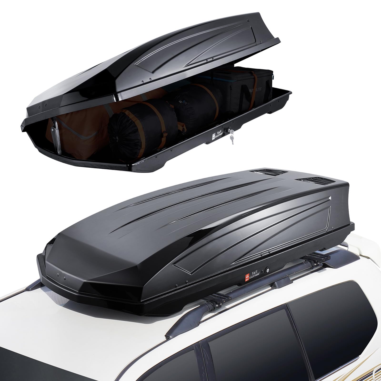 VEVOR Portapacchi da Tetto, Box da Tetto da 488 L Cubi in ABS 75 kg, con Apertura su Due Lati e 2 Cinghie Rinforzate, Aerodinamico, Adatto alla Maggior Barre Trasversali, per Auto, Wagon, SUV, Nero