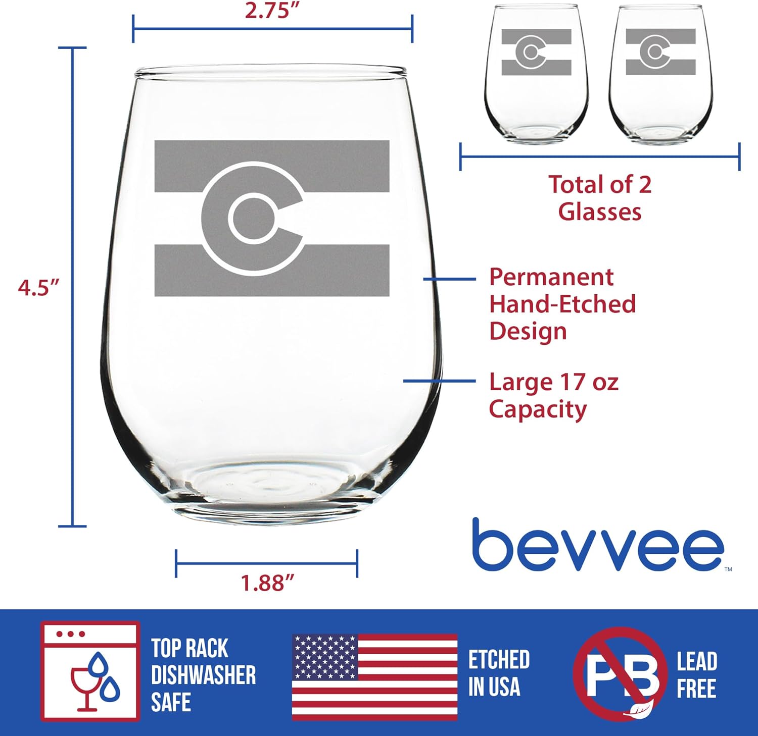 Bevvee Colorado Flag - Stemless Wine Glasses - Set of 2 - Centennial State Themed Gift and Décor - Large 17 Ounce