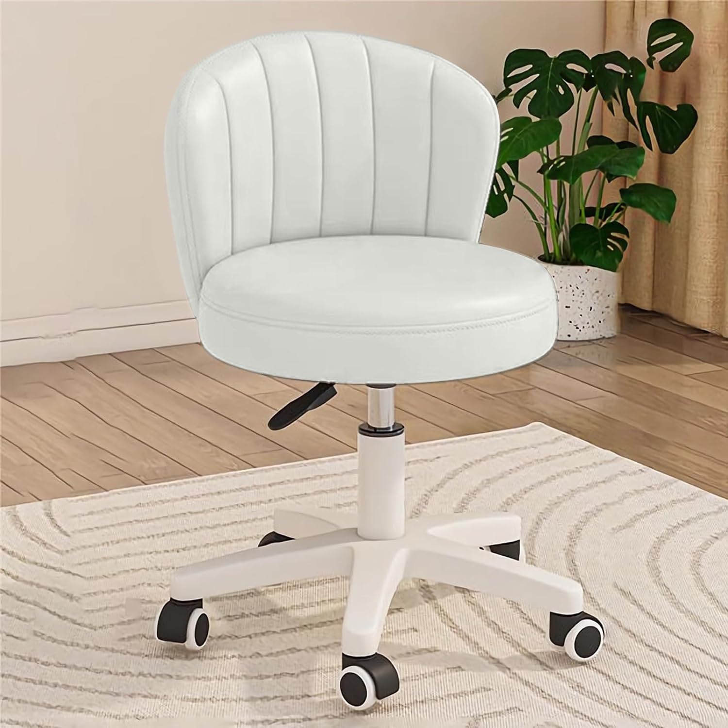 XUEGW Small Scallop Desk Chair with Back Cute Armless Rolling Vanity Chair with PU Leather Comfy Office Task