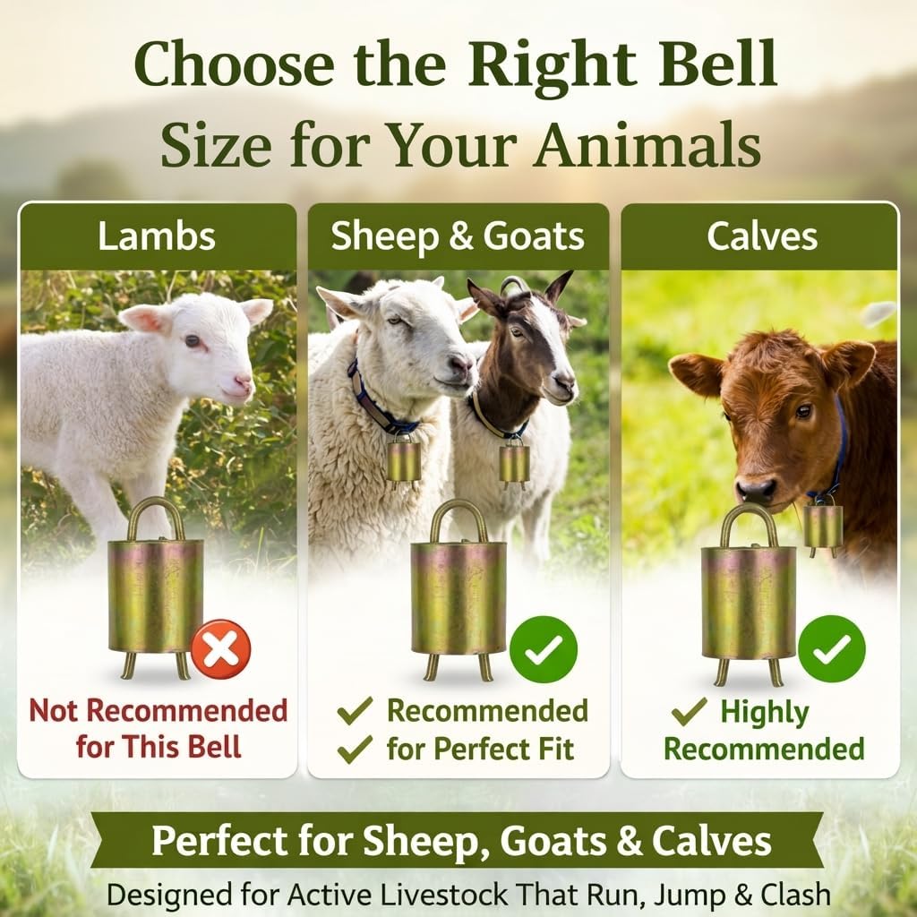 7-Pack Heavy Duty Goat & Sheep Pasture Bells with Collars - Extra Loud Livestock Locator Bells - Won't Fall Off, Tangle-Free on Wool - Durable Metal Grazing Bell for Active Animals that Run or Clash
