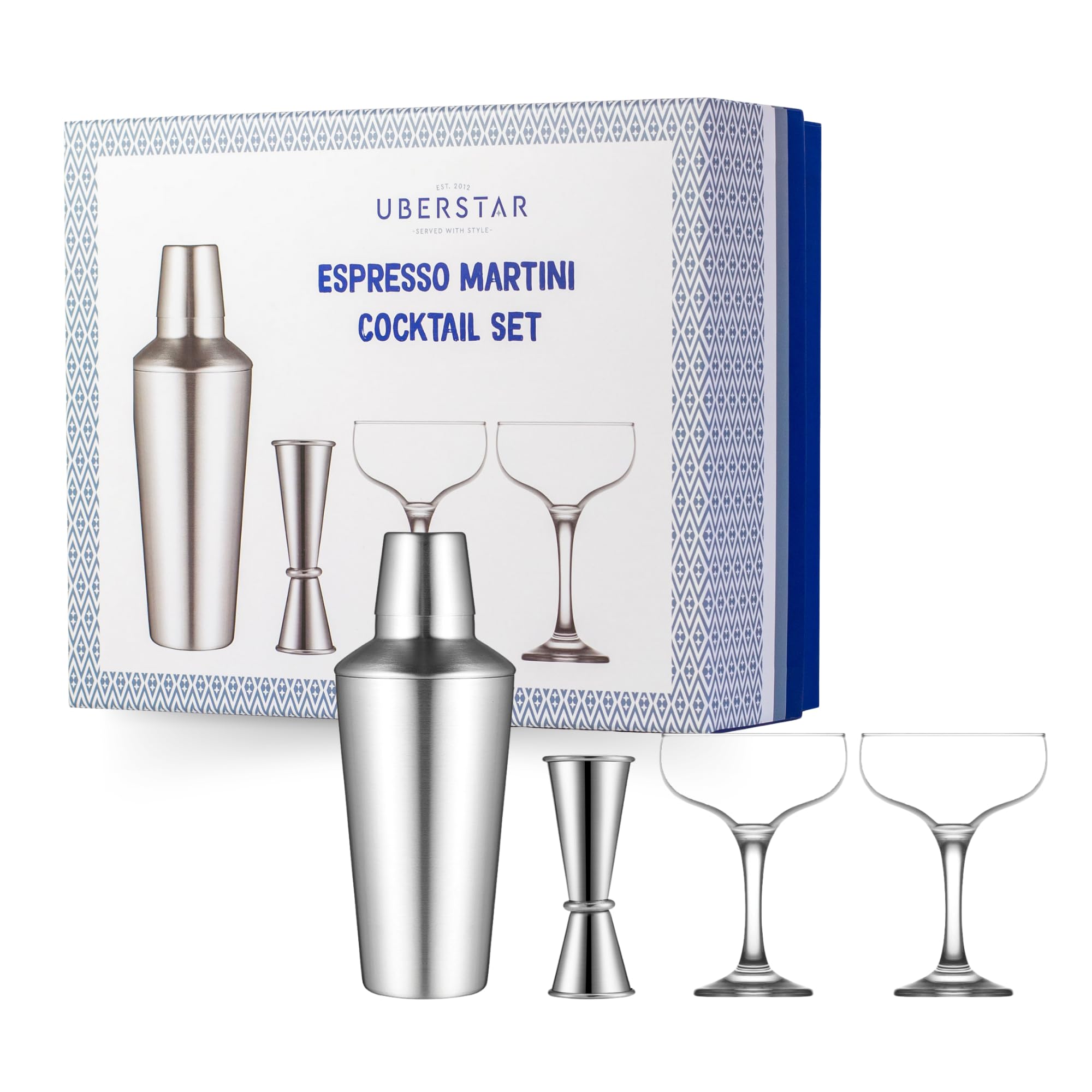Espresso Martini Cocktail Set / 500ml Cocktail Shaker with Set of 2 Martini Glasses and Double Jigger Spirit Measure