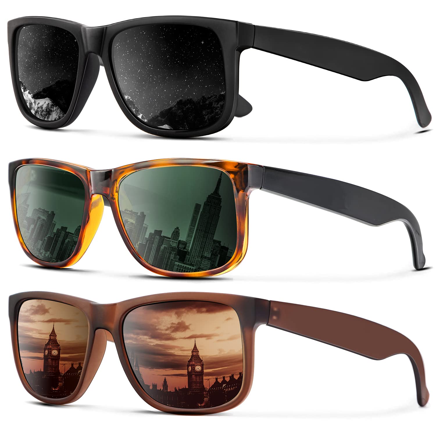 KALIYADI Sunglasses Men Polarized Sun glasses for Mens Womens Classic Matte Black Frame UV Protection 3pack