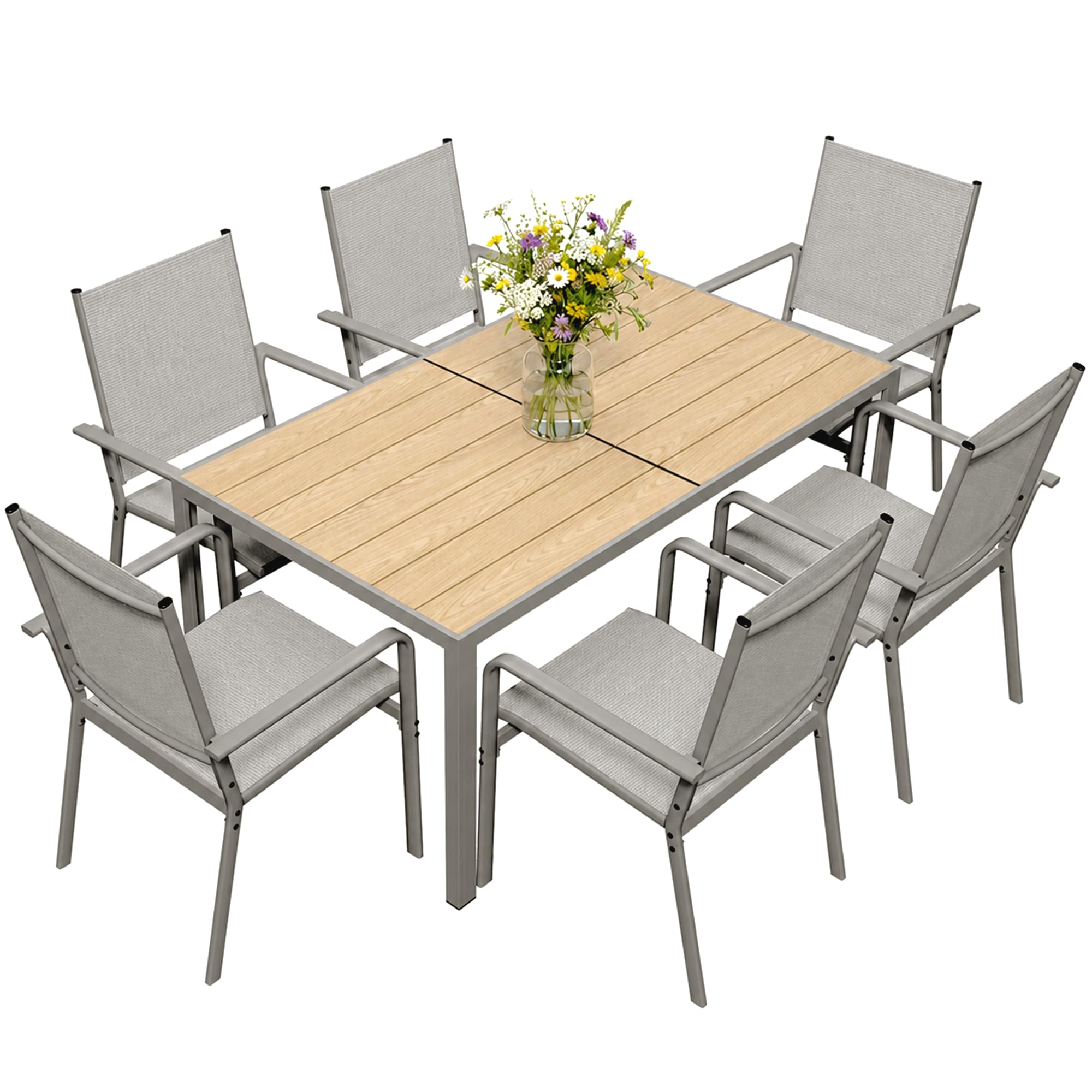Xbro Gartenmöbel Set 6 Personen, 7-teiliges Gartenmöbel Set 6 Stühle mit Tisch, Gartentisch mit Stühlen Set, Terrassenmöbel Wetterfest, Stapelbare Textilene Gartenstühle für Garten, Balkon