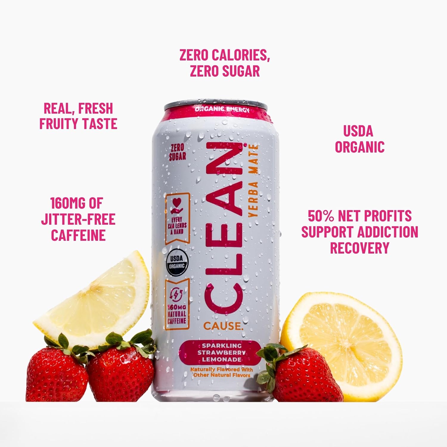 NEW CLEAN Cause Zero Sugar Strawberry Lemonade Yerba Mate Tea Sparkling, USDA Organic Energy Drink Alternative, Zero Calorie, 160mg Natural Caffeine, Soda Alternative (16oz cans, 12-Pack Case)