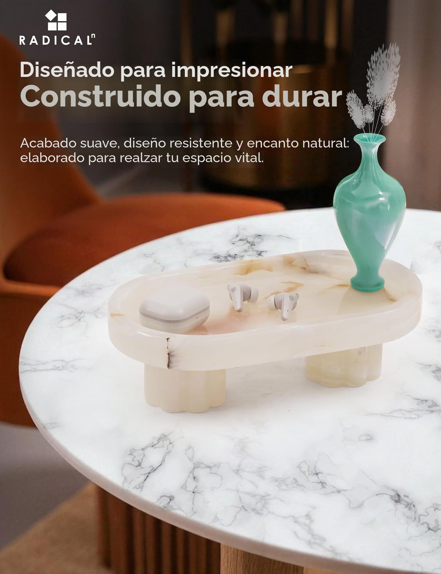 Radicaln Bandeja ovalada de mármol con soporte de 25 cm, bandeja de tocador de baño hecha a mano con ónix blanco, ideal para el hogar, cocina, baño, bandeja de mesa decorativa para encimera para joyas