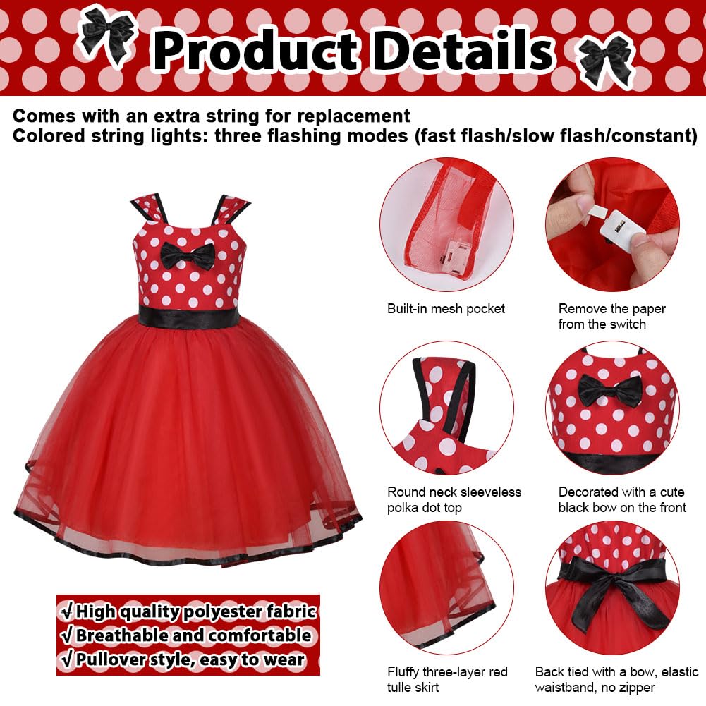 ACWOO Ragazza Minnie Pois Abito da Principessa Costumes, 4 Pezzi LED Luminoso Costume da Principessa con Naso, Fascia per Orecchie, Coda, Vestito Minnie Bambina per Carnevali, Halloween, Natale