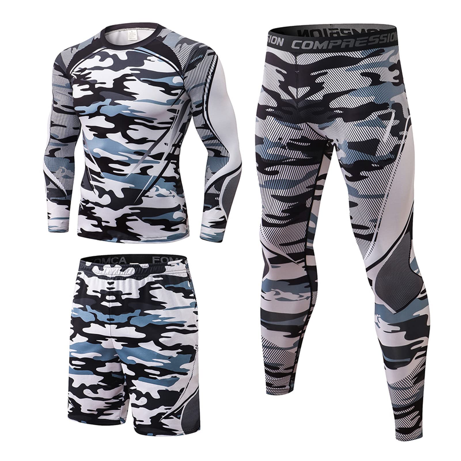 Uomo 3 Pezzi Completi Sportivi Abbigliamento Tuta da Fitness Manica Lunga Camicie a Compressione Pantaloni a Compressione Pantaloncini per Corsa Fitness Jogging Palestra Ciclismo