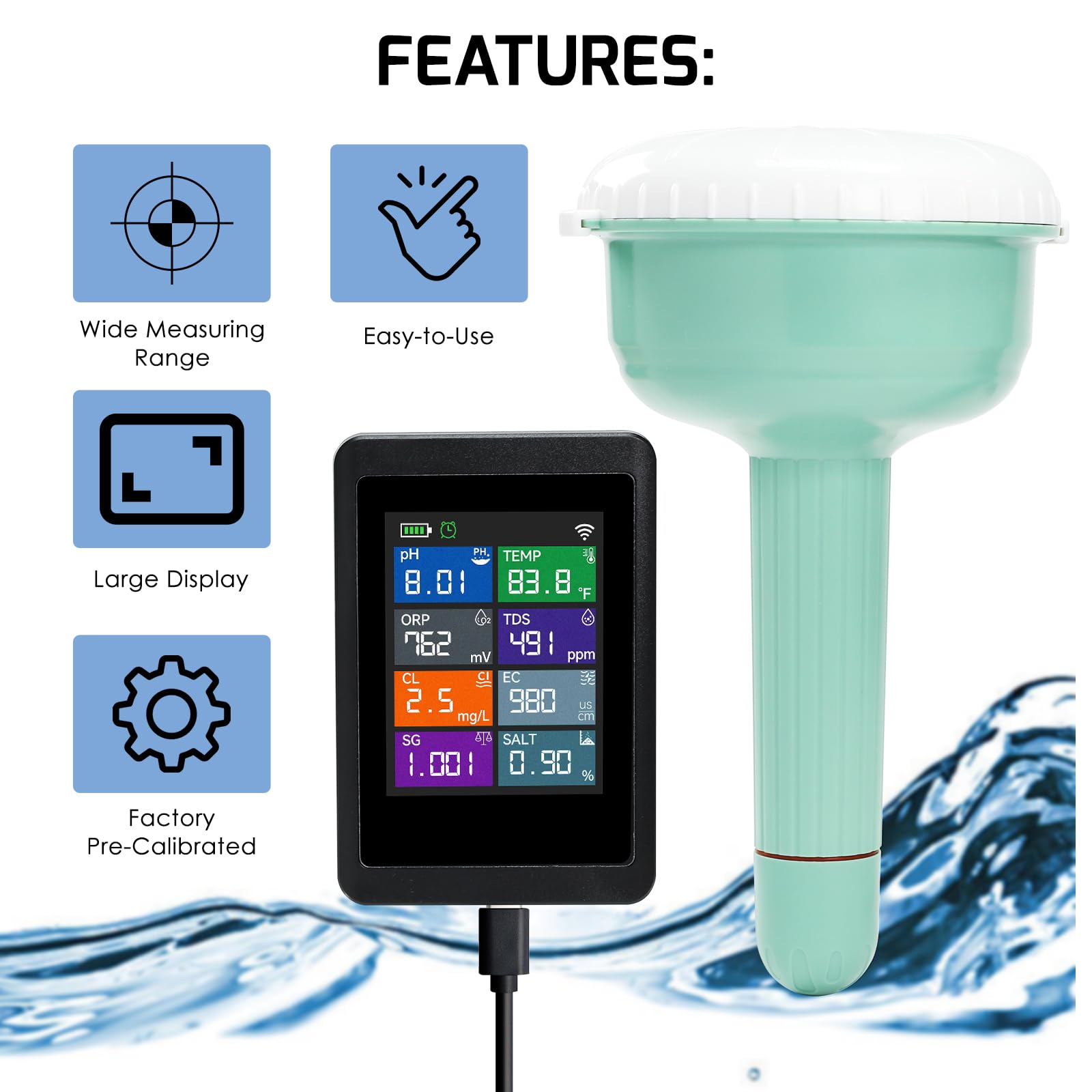 Intelligenter 8-in-1 Wasserqualitätstester mit WLAN, überwacht pH, ORP, Chlor, Salzgehalt, TDS, EC, spezifisches Gewicht und Temperatur per Tuya-App für Pools, Spas, Whirlpools und Aquarien.