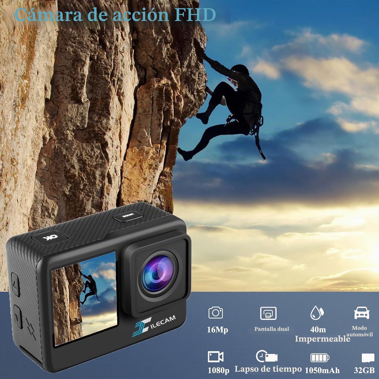 Xilecam Cámara Deportiva de Pantalla Dual Camara Acuatica 4 * Zoom 131 Pies Camara Acuatica Sumergible con Batería 2X 1050 mAh y Accesorios Multifuncionales Cámara Deportiva（Negro）