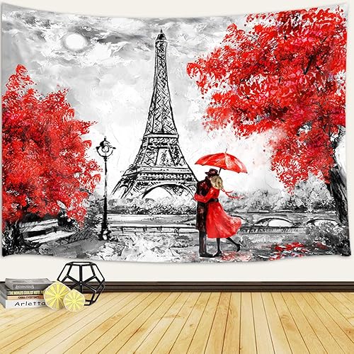 JAWO Tapiz rojo de la Torre Eiffel de París para colgar en la pared, tapiz de París, arte de pared de la Torre Eiffel, paisaje de ciudad europea,