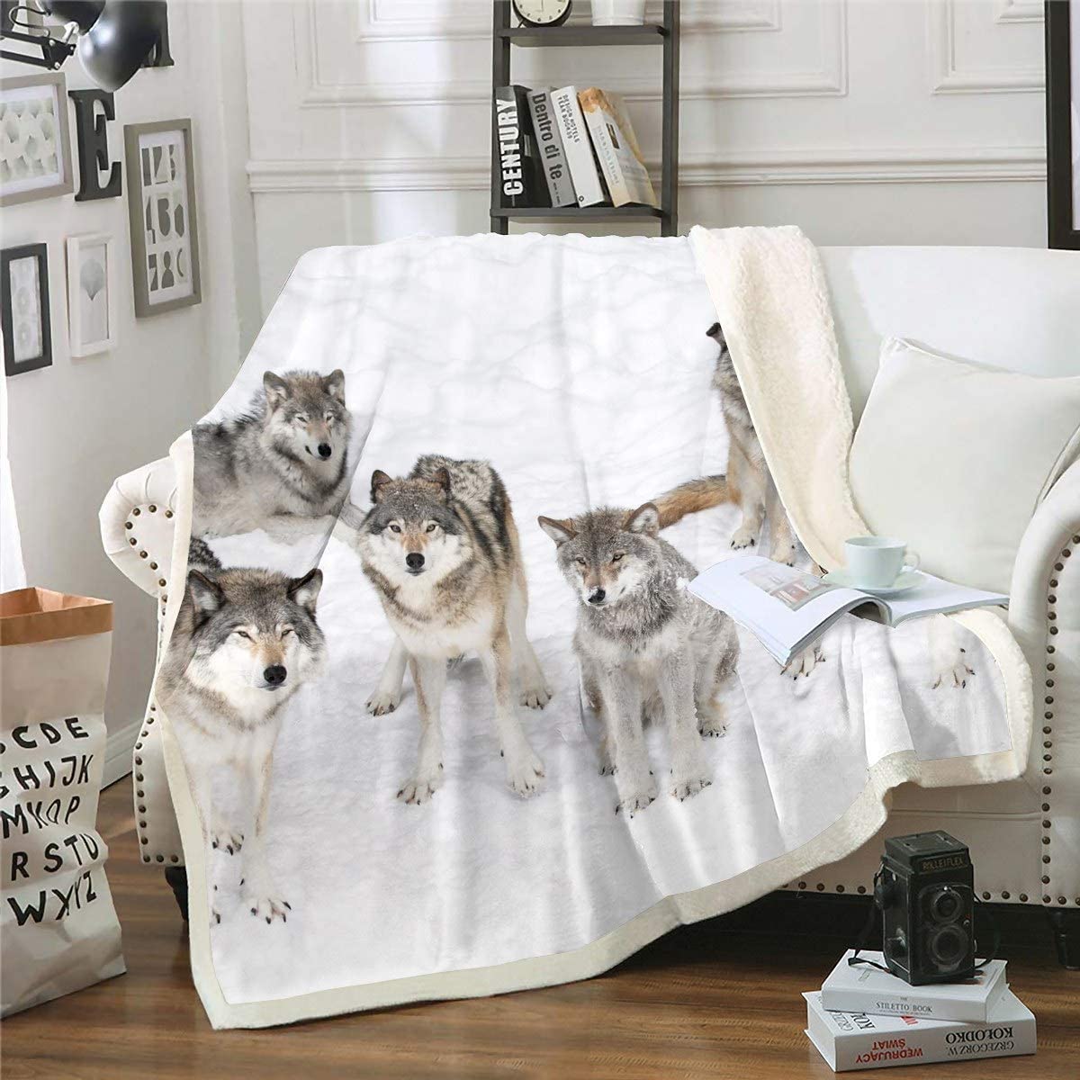 Feelyou Wolf Sherpa Blanket Snow Wolf Fleece Throw Blanket Wildlife Animal Plush Fuzzy Blanket for Sofa Bed Couch 90" x 90"