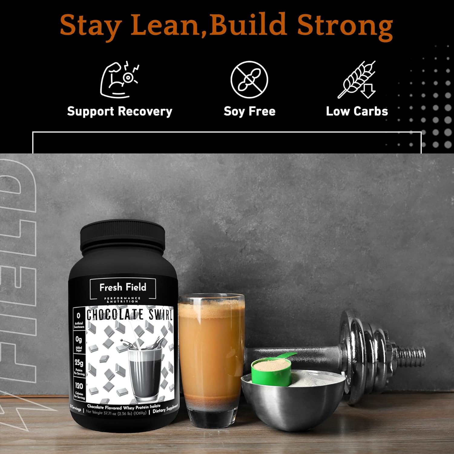 Fresh Field Chocolate Protein Powder - 25g Whey Protein Isolate, Gluten-Free & Soy-Free, Sugar-Free, 30 Servings - Natural Whey Protein Powder for Workout Fitness & Nutrition Shakes - 2.36 lb