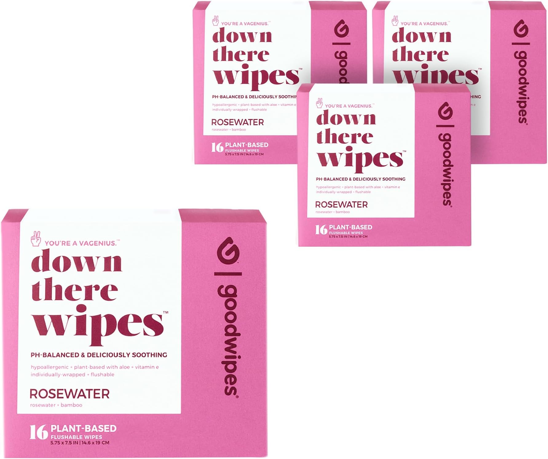 Goodwipes Down There Feminine Hygiene Wipes – Soothing, Cleansing, Flushable Wipes for Period, Pre & Post Intimacy – pH Balanced – Travel Essentials – Rosewater, 64 Individually Wrapped Wipes