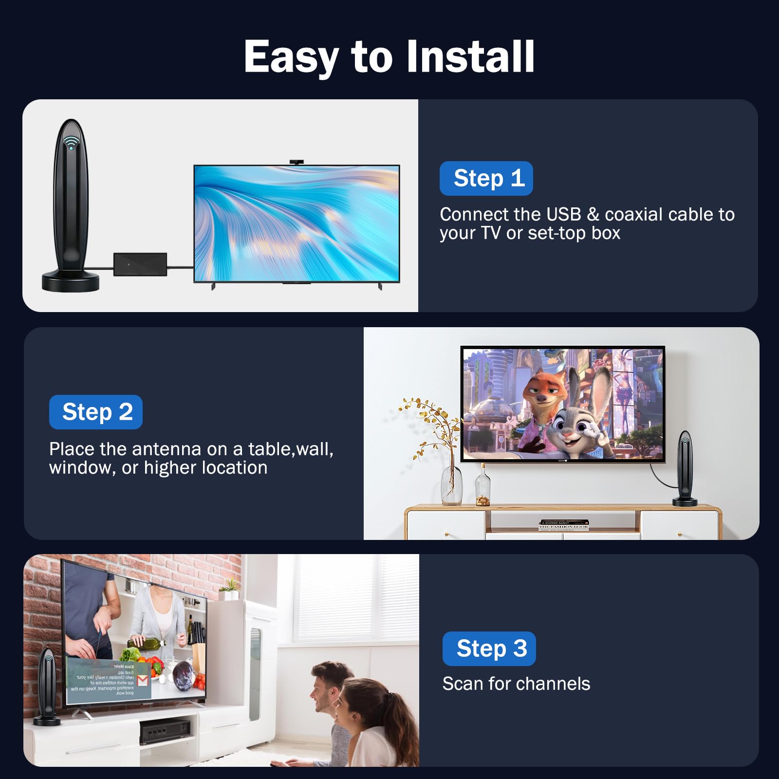 Antenna TV per interni, raggio di oltre 650 miglia, antenna TV con amplificatore di segnale, TV digitale HD Ariels supporta canali locali 4K 1080p con cavo HD da 4,7 m