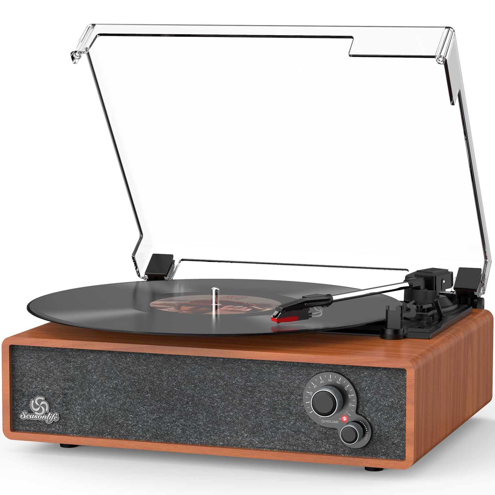 Seasonlife® Retro Vinyl Record Player with Stereo Speakers,Walnut Red