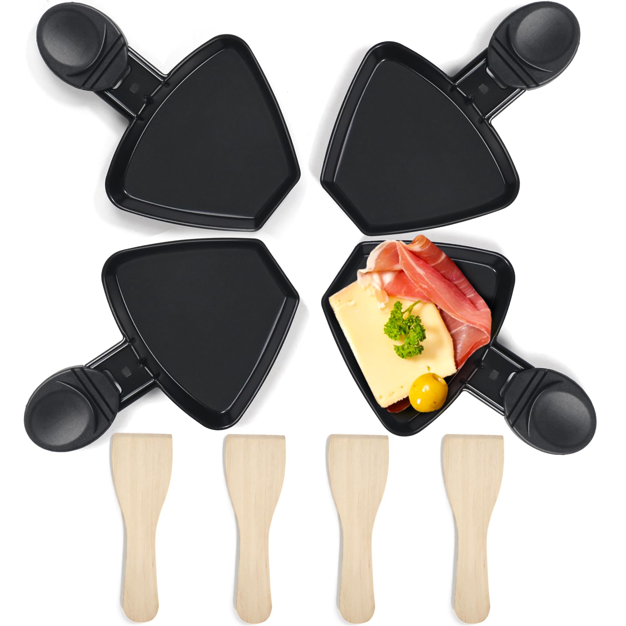 4 Padelle Per Raclette In Ghisa 18x9 Cm Triangolari Antiaderenti Con Manici Colorati E 4 Spatole In Legno - Accessori Per Griglia Raclette - 5