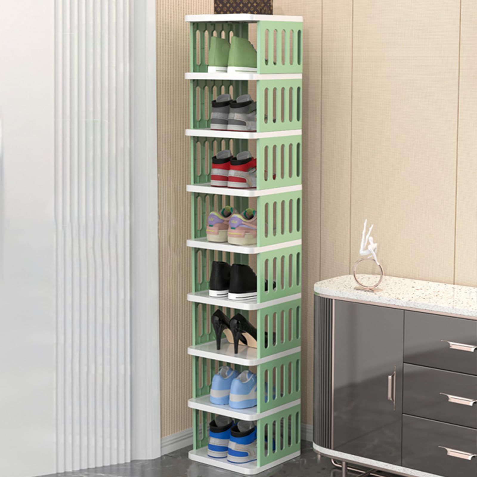 Meuble à chaussures pour armoire pliable et vertical avec 9 niveaux de rangement vert et blanc