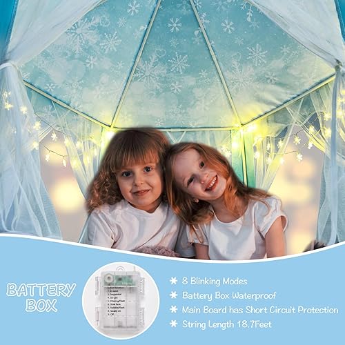 Miniatura 5 de KIXINWA Tienda de campaña de princesa congelada para niñas, tienda de campaña con luces LED pequeñas de copo de nieve, castillo para niños pequeños,
