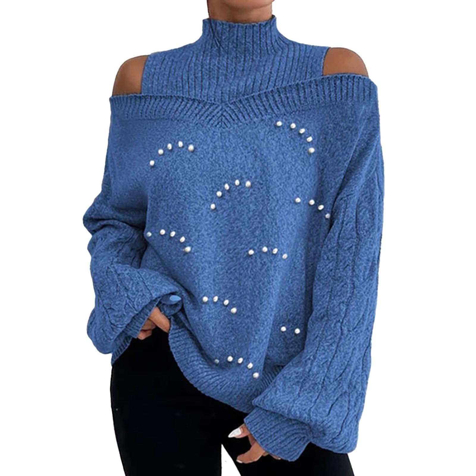 Off The Shoulder Sweater for Women Novelty Mockneck Balloon Long Sleeve Knitted Cozy Sweaters Soft Comfort Warm Chic