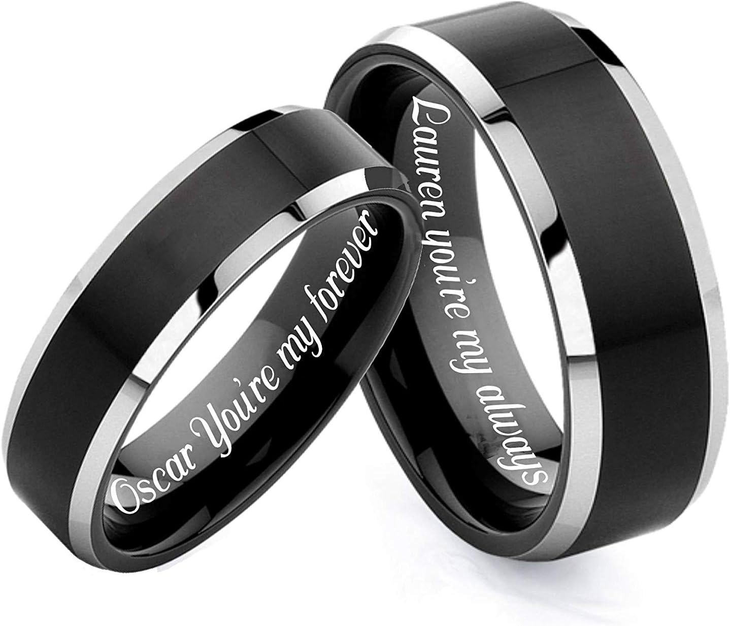 Personalized Black & Silver Two Tone Ring Set Custom Engraved Free In Any Language - His & Hers Couples Ring Set - Wedding Band Set - Ships from USA