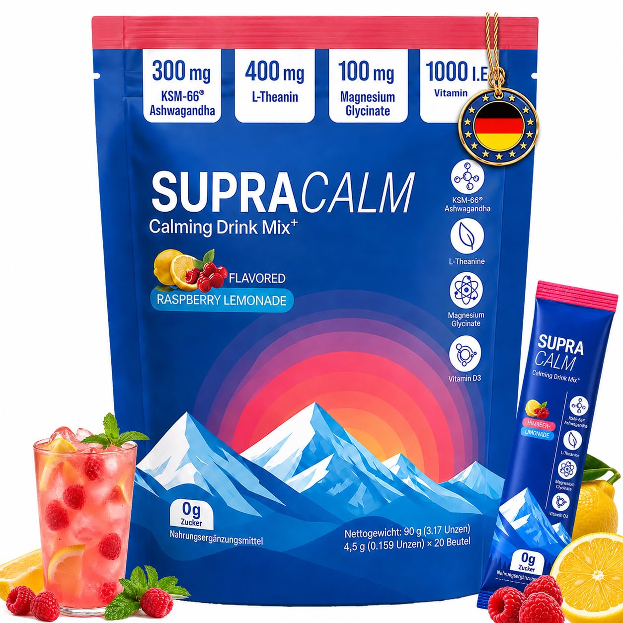 Jello Cortisol Cocktail Pulver – 20 Sticks Cortisol Senken Adaptogen-Formel mit Ashwagandha, L-Theanin, Magnesiumglycinat & Vitamin D3 | fördert Schlaf, reduziert Stress & steigert Konzentration