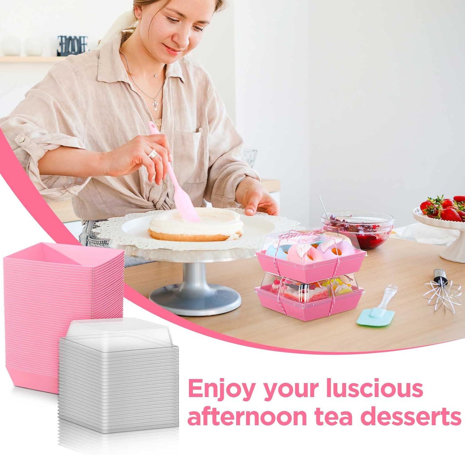 Outus 100 Pack Charcuterie Boxes with Clear Lids, 5.7 x 5.1 '', Mother 's Day Back to School Paper Food Containers Cake Take out Bakery Boxes with Gift Tags Rope for Desserts(Pink,Classic)