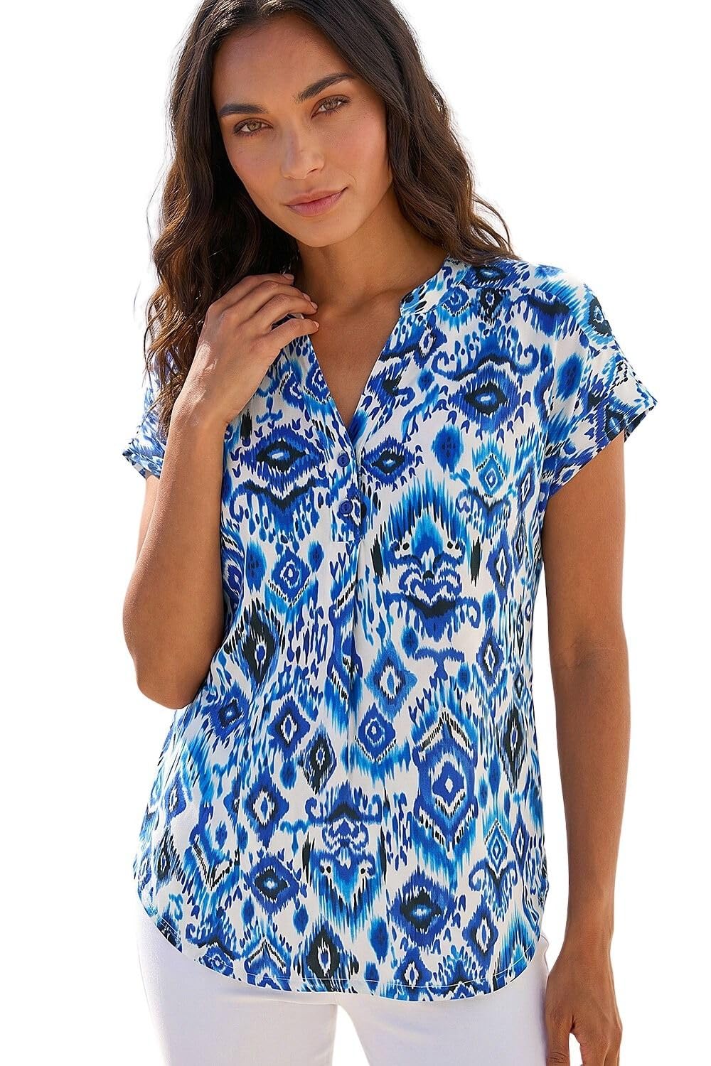 Roman Women's Blue Ikat Print Stretch Top In Size 14